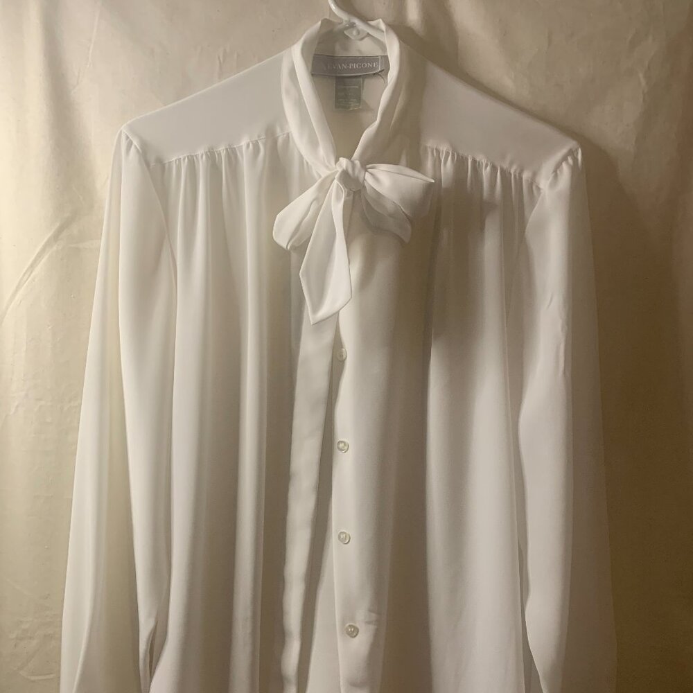 70s 80s Vintage Evan-Picone White Voile Split Tie Neck Blouse Tie Neck Size 12